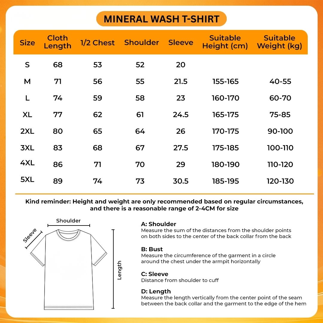 Mineral Wash T Shirt Size Chart - Sade Store